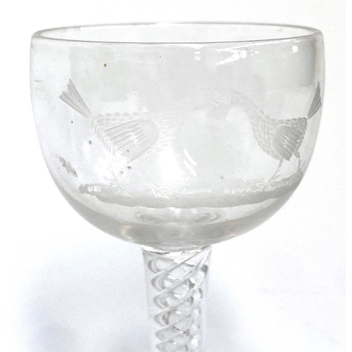 118 - A 19th century airtwist sherry glass, engraved with fighting cocks (chip to base), 9cmH