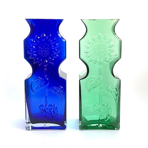 62 - Two Mid Century Frank Thrower for Dartington blue and green glass vases, pattern FT35 and moulded wi... 