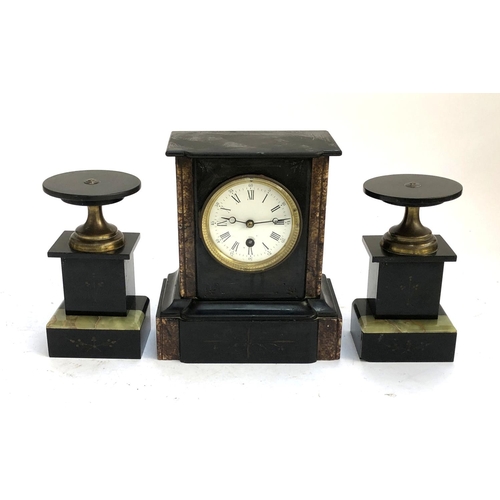 59 - A slate garniture set to include mantel clock with enamel dial and Roman numerals, 23.5cmH