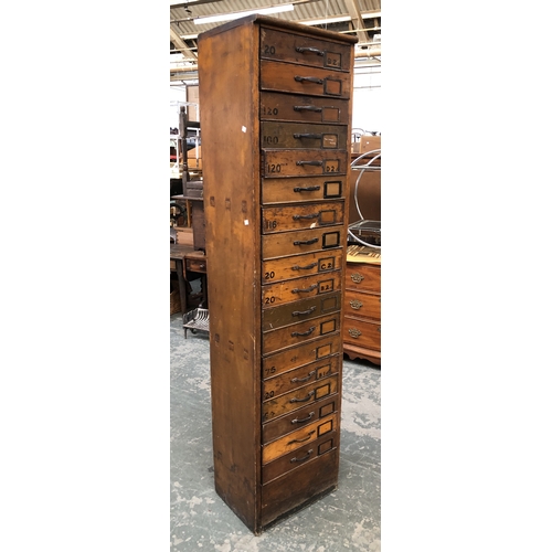 790 - A early 20th century vintage pine filing cabinet of 18 drawers, 48x36x200cmH