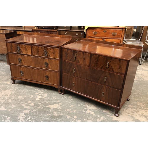 797 - A near pair of 20th century chest of drawers with flame veneer, two short over two long, each 92cmW ... 