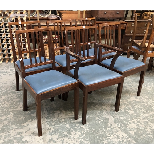 802 - A set of six mahogany square backed dining chairs with drop in seats, and one carver