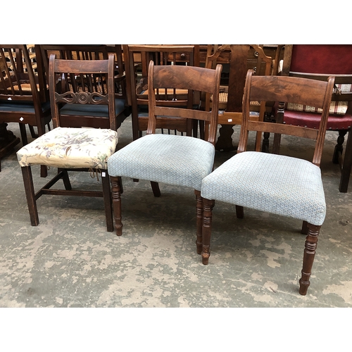 819 - A pair of 19th century scroll back side chairs with stuff over seats, together with a further side c... 