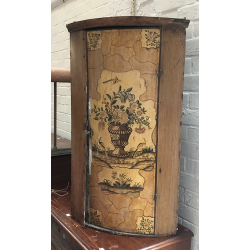 863 - A Chinoiserie painted 19th century bowfront corner cupboard (af), 54cmW, 90cmH