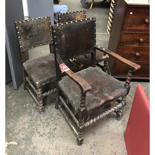 860 - Three early 20th century oak and leather dining chairs, together with various other side chairs