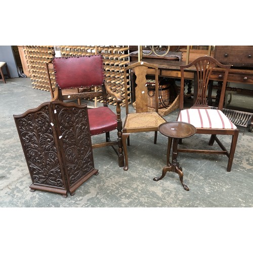 801 - A mixed lot to include oak open armchair, carved two-fold screen, wine table, and three further side... 