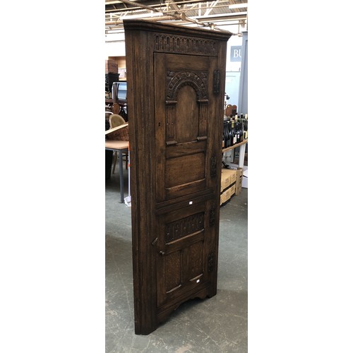 842 - A large oak corner cupboard with two doors, 74cmW