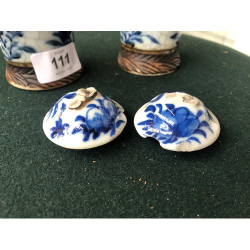 111 - Three Chinese blue and white crackle glaze lidded vases, two covers AF; together with a small matchi... 