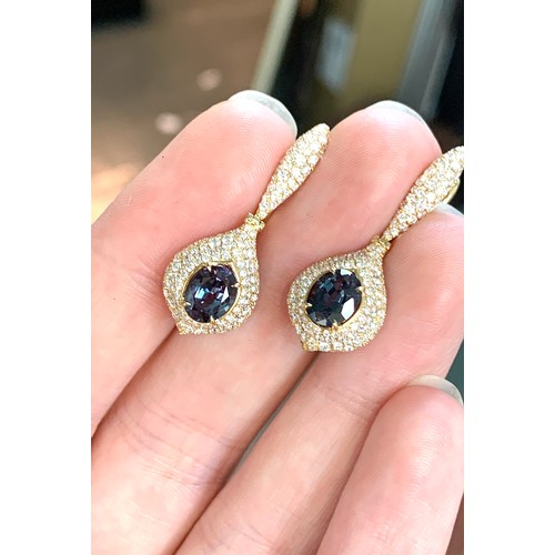 127 - A pair of Kat Florence 18ct gold, alexandrite and diamond drop earrings, the oval Portuguese-cut Rus... 