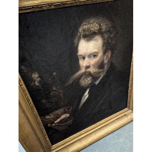 316 - A 19th century oil on canvas, self portrait, bearded man with pallet, 66x56cm