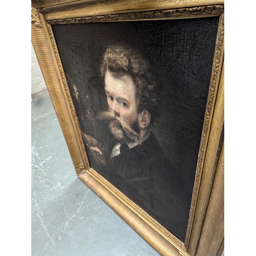 316 - A 19th century oil on canvas, self portrait, bearded man with pallet, 66x56cm