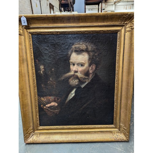 316 - A 19th century oil on canvas, self portrait, bearded man with pallet, 66x56cm