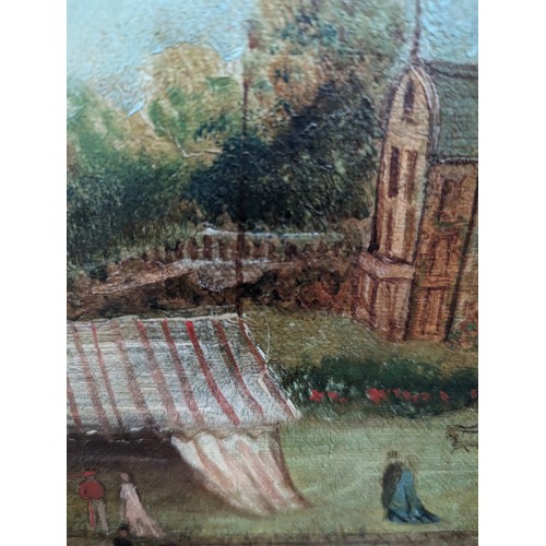 312 - A large 19th century naive oil on canvas, cricket game with spectators, bears Rowley Gallery label t... 