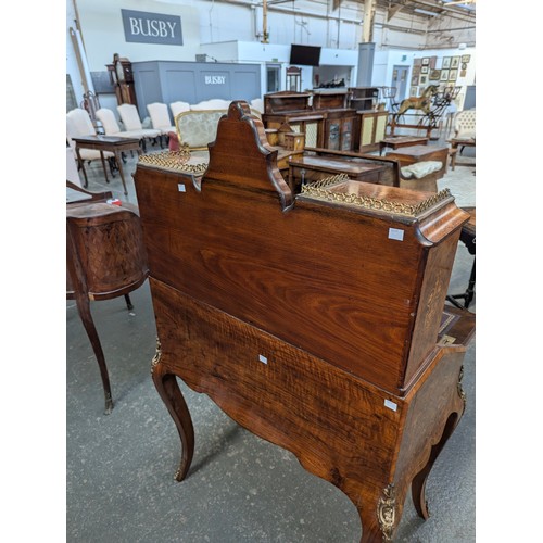 406 - A late 19th/early 20th century burr walnut and marquetry bureau de dame, the superstructure with two... 