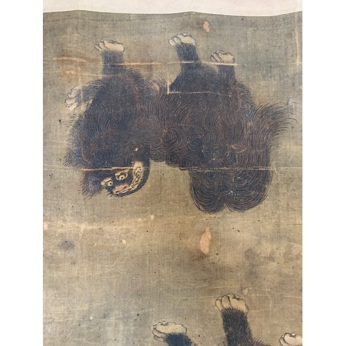 258 - A Chinese scroll painting depicting foo lions playing, labelled 'Sung: 960-1279, Artist: Li Hsun, na... 