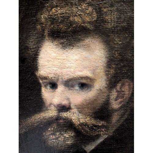 316 - A 19th century oil on canvas, self portrait, bearded man with pallet, 66x56cm