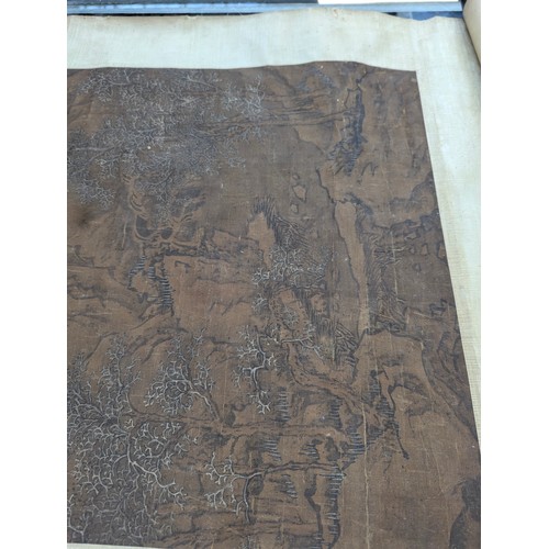 259 - A Chinese scroll painting depicting mountains, labelled 'Hsueh Ching, A Snow Scene, Time: Yuan, Arti... 