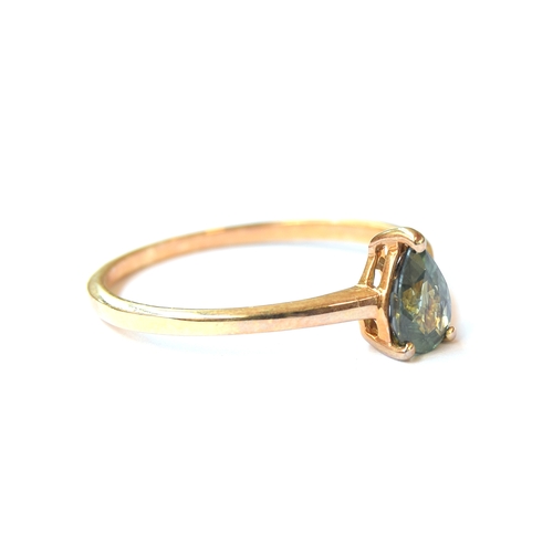 10 - A 9ct gold ring set with a Nigerian sapphire, the pear shaped sapphire 0.8cts, size S, 1.7g