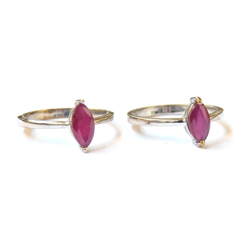 12 - Two sterling silver and ruby rings, the marquise cut Thai rubies each 1ct , size R 1/2 and S, 5g gro... 