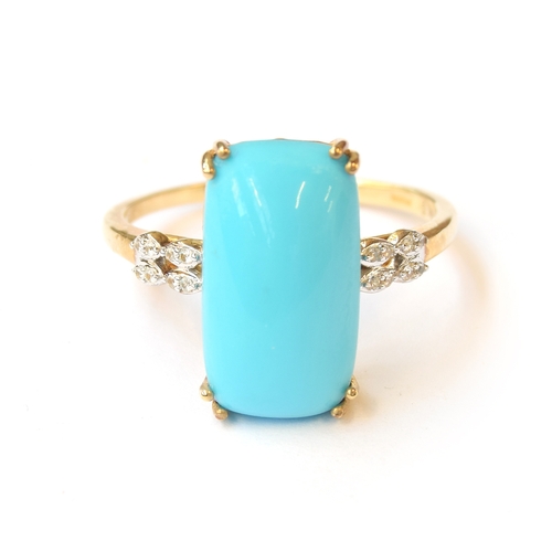 22 - A 9ct gold ring set with a cushion cabochon Sleeping Beauty turquoise, the shoulders set with natura... 