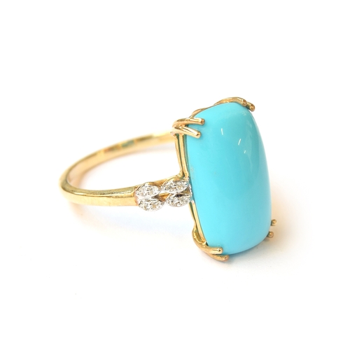 22 - A 9ct gold ring set with a cushion cabochon Sleeping Beauty turquoise, the shoulders set with natura... 