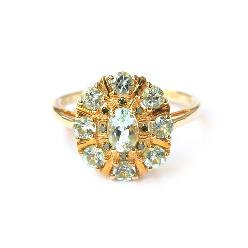 27 - A 9ct gold cluster ring set with Aquaiba Beryl and green diamonds, Aquaiba totalling 1.13cts, 0.04ct... 