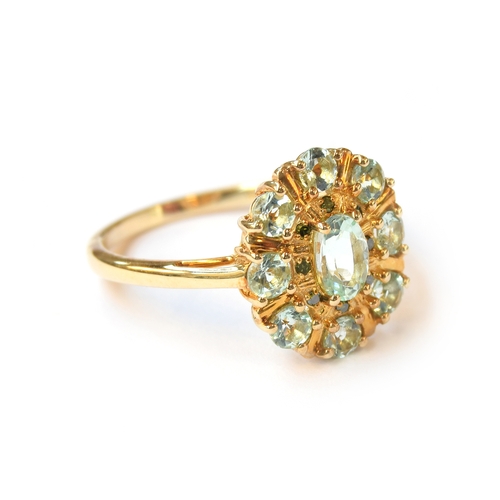 27 - A 9ct gold cluster ring set with Aquaiba Beryl and green diamonds, Aquaiba totalling 1.13cts, 0.04ct... 