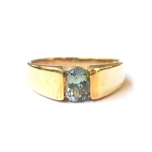 4 - A 9ct gold ring set with a green tanzanite, the tanzanite 1.42cts, size T 1/2, 4.1g