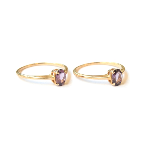 45 - Two 9ct gold purple spinel solitaire rings, the Mahenge spinels each 0.84cts, size R 1/2, gross weig... 