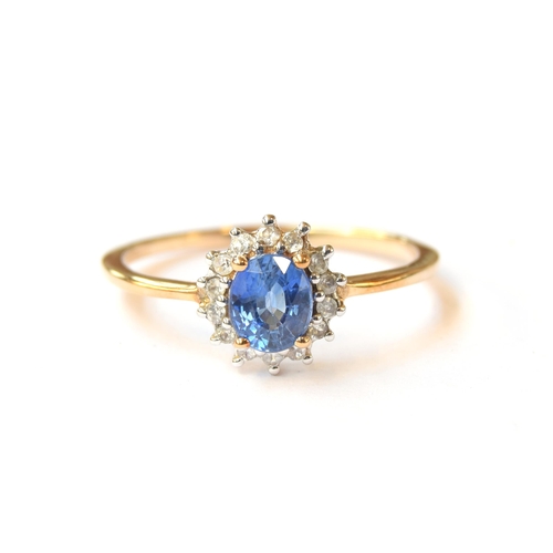 60 - A 9ct gold sapphire and white zircon cluster ring, the Ceylon sapphire 0.8cts, size S, 2.1g