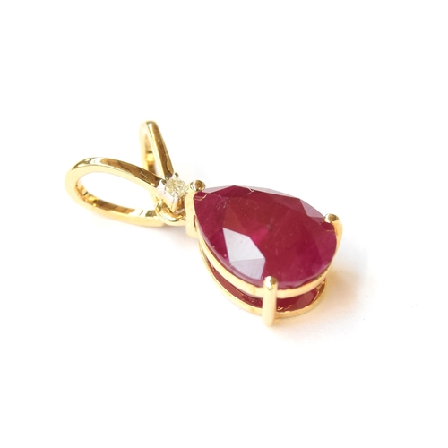 68 - A 9ct gold ruby and diamond pendant, the pear shaped Burmese ruby 3.2cts and 11x8mm, 1.4g