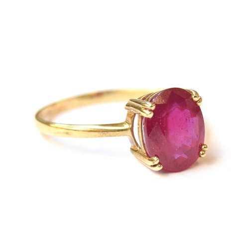 76 - A 9ct gold and ruby solitaire ring, the Madagascan ruby 4cts, size R 1/2, 2.4g