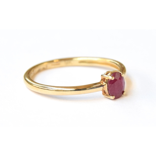 77 - A simple 9ct gold ruby solitaire ring, the Burmese ruby 0.4cts, size N, 1.2g