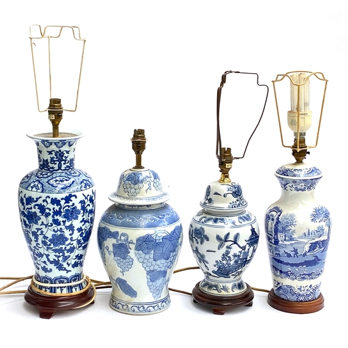 818 - Interior design interest: four blue and white ceramic table lamps, the tallest 48.5cmH to top of fit... 