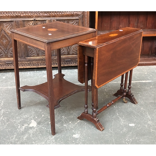 665 - A mahogany and satinwood banded Sutherland table, 61cmW; together with a square occasional table (af... 