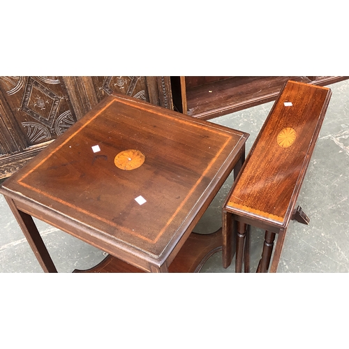 665 - A mahogany and satinwood banded Sutherland table, 61cmW; together with a square occasional table (af... 