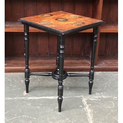 685 - A late Victorian occasional table on turned ebonised base and parquetry foliate inlay, 42x42x58cmH; ... 