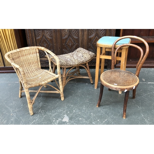 691 - A vinyl topped beech kitchen stool; together with a thonet and a wicker childs chair; and wicker sto... 