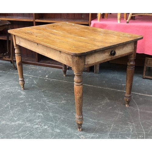 695 - A Victorian pine kitchen table, end drawer on turned legs, 81x122x73cmH