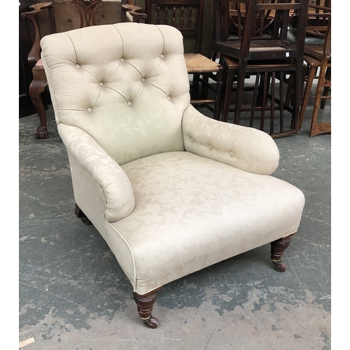 756 - A good Victorian button back armchair, on turned front legs and ceramic casters, the back leg number... 