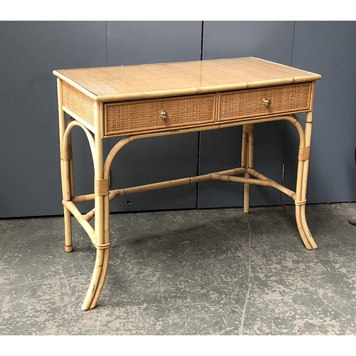 768 - A bamboo and caned dressing table, 94cmW; together with a similar square occasional table, 66cmH