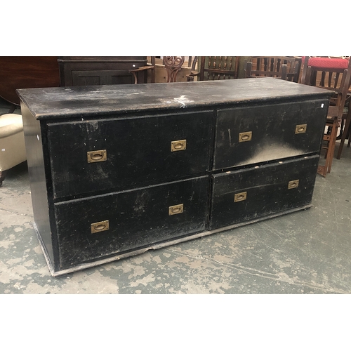 769 - Interior design interest: A massive Victorian bank of four drawers, painted black, with campaign sty... 