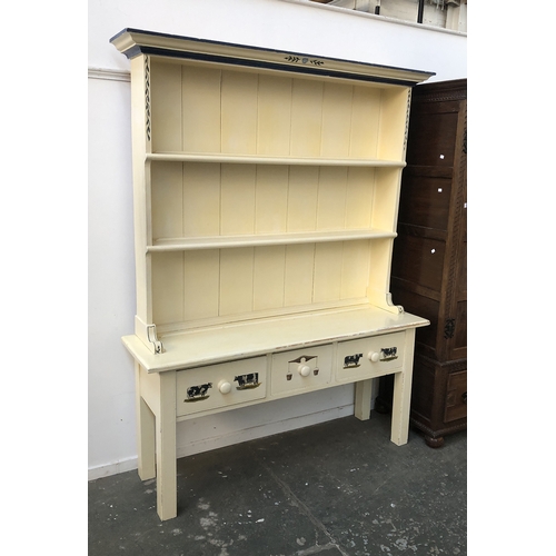 819 - A white painted pine kitchen dresser, decorated with with hand painted cows and yoke, 163x45x210cmH