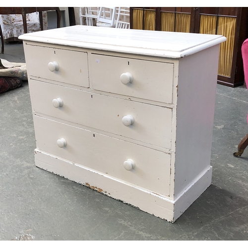 722 - A small white painted Victorian pine chest of two short over two long drawers, on plinth base, 98x46... 