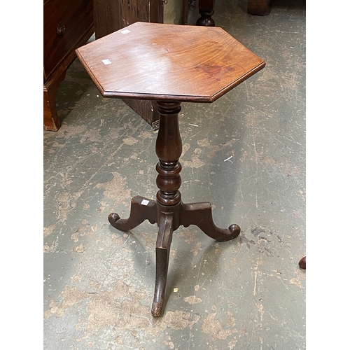 779 - A mahogany and pine hexagonal kettle stand, 40x68cmH