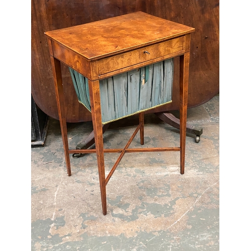 781 - A George III work table, with single drawer and silk work box, on line inlaid square tapered legs, j... 