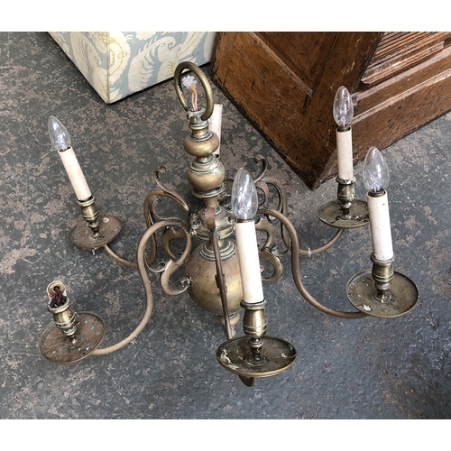 617 - A large Dutch brass six arm chandelier, fitted for electricity, 58cmH