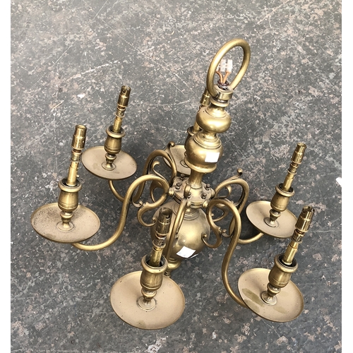 619 - A six arm Dutch brass chandelier, 50cmH