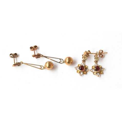 109 - A pair of 9ct gold drop earrings, 3.7cmL; together with a pair of 9ct gold star shaped earrings set ... 