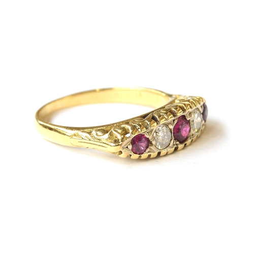 114 - A vintage gold five stone boat ring set with rubies and diamonds, marks rubbed but tests as 18ct, si... 